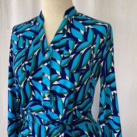 Donna Morgan Collared Shirt Dress Geometric Women’s 4 Tie Waist - Picture 5 of 10